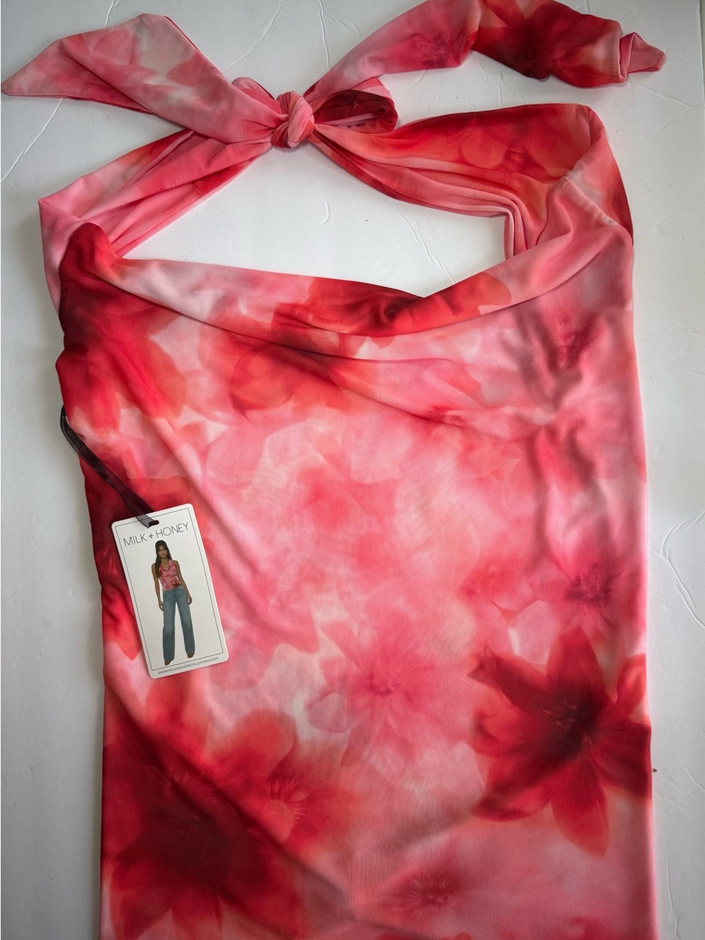 Milk + Honey Pink Floral Cowl Neck Mesh Halter Top Y2K - Size L - NWT